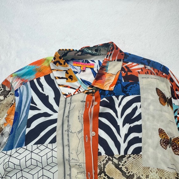 Vilagallo Patchwork Animal Print Butterfly Map Button Down Shirt Multicolor 44 - Picture 4 of 5